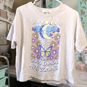 Vine And Valley Beige Cropped T-Shirt Good Things Are Coming Boho Celestial Sz.M